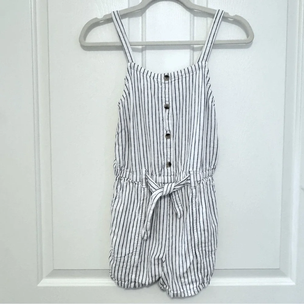 Old‎ Navy Striped Romper Girls XL 14-16 White Navy Blue Linen Blend Button Front